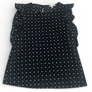The Outfit Women’s Black Ruffle Sleeveless Blouse with White Pattern